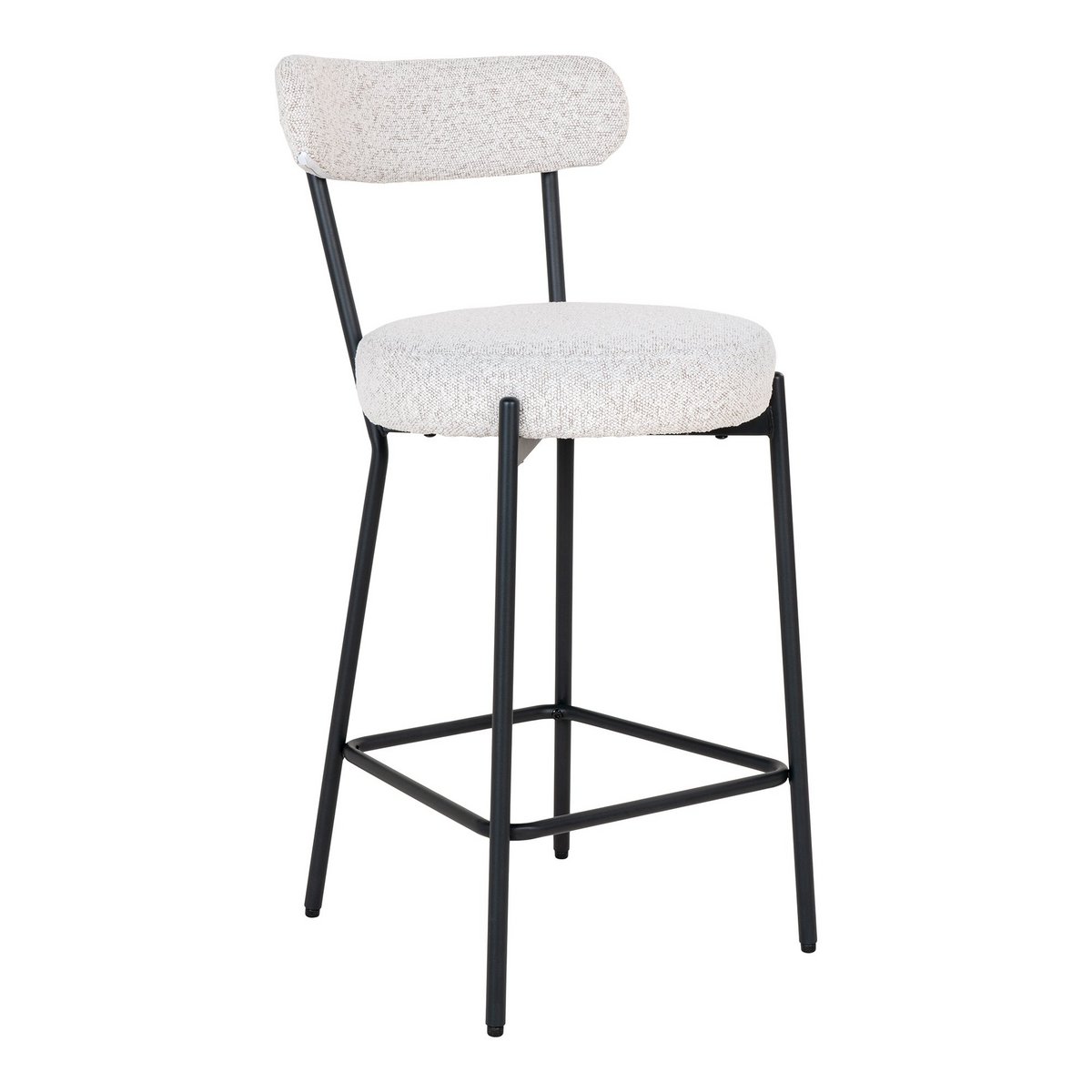 Witte bouclé counter chair met zwarte metalen poten in moderne keuken