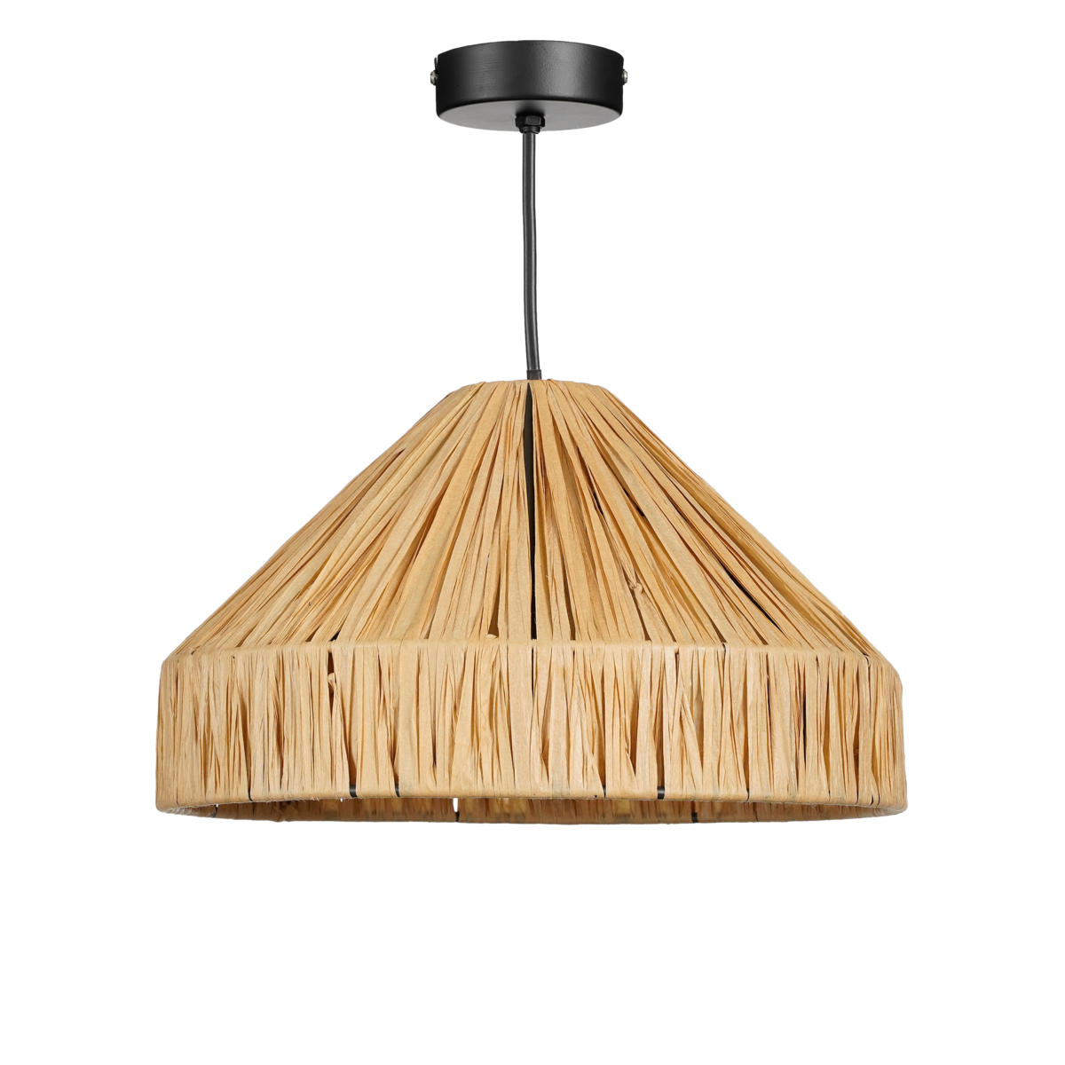 Elisa hanglamp van raffia met zwart metalen frame in moderne woonkamer