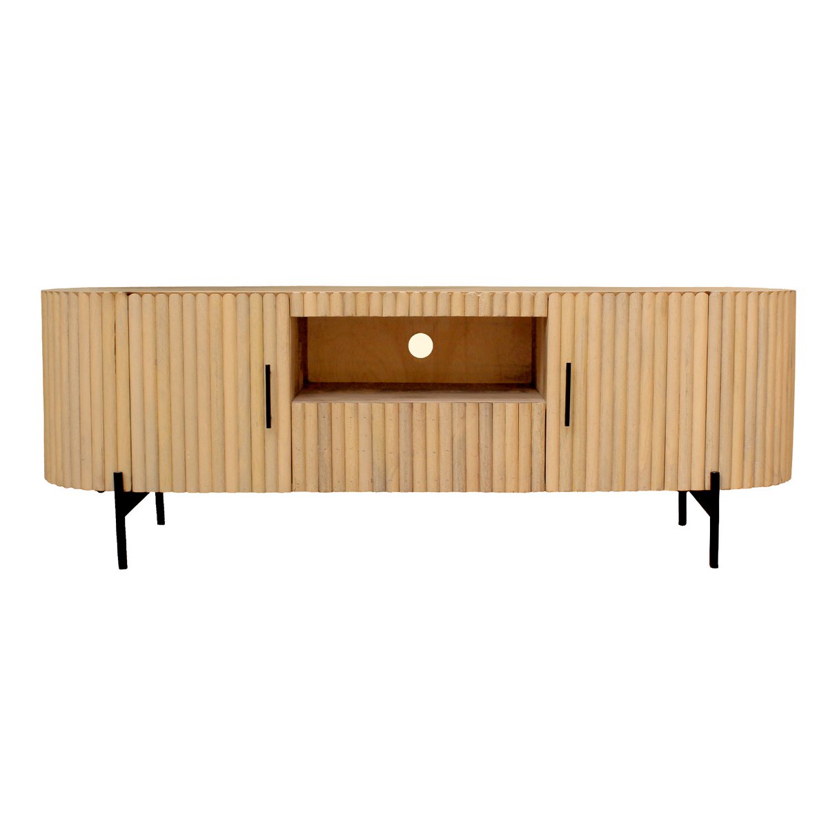 TV-meubel van mangohout met zwart metalen poten en lattendesign