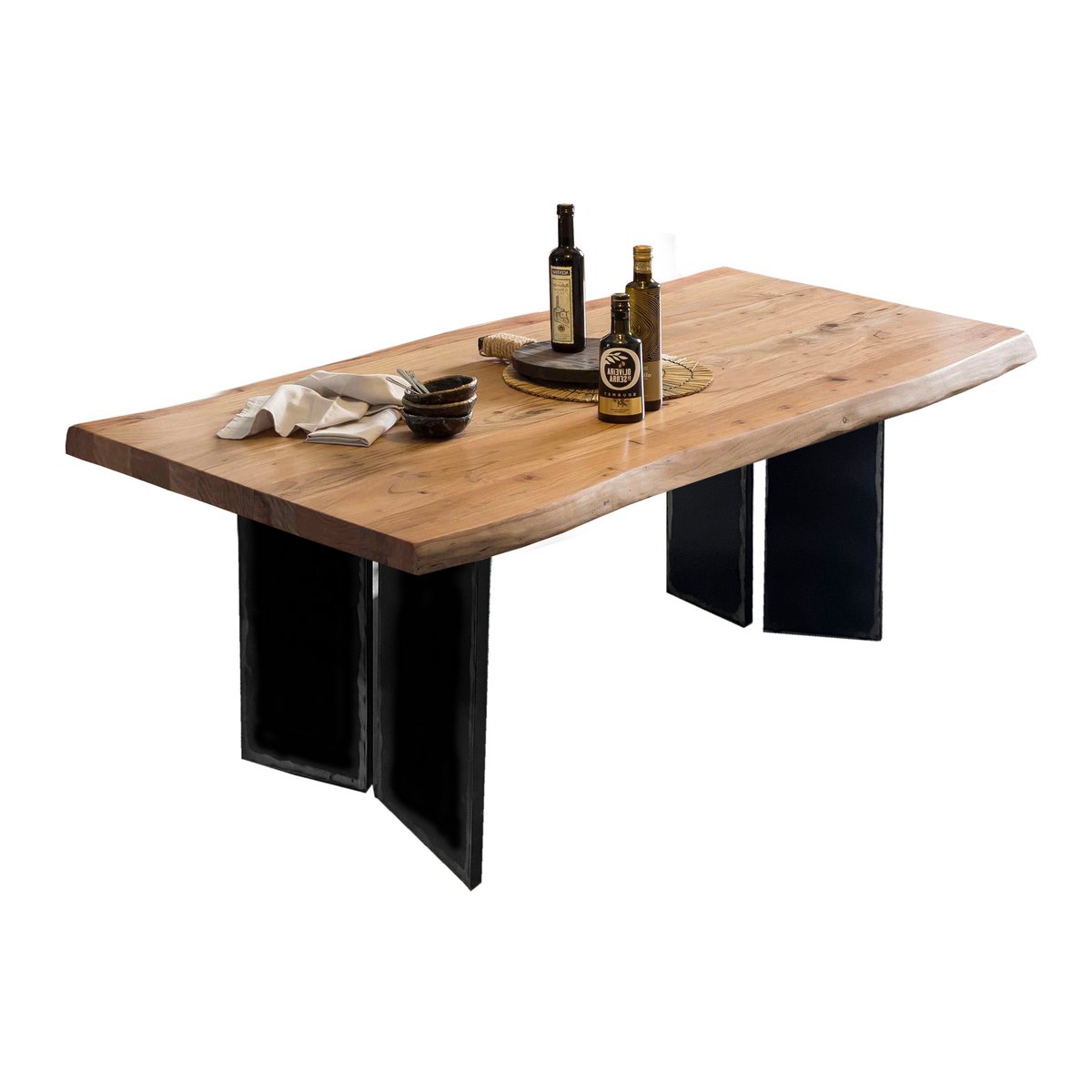 Eettafel van massief akazie met metalen onderstel in moderne eetkamer