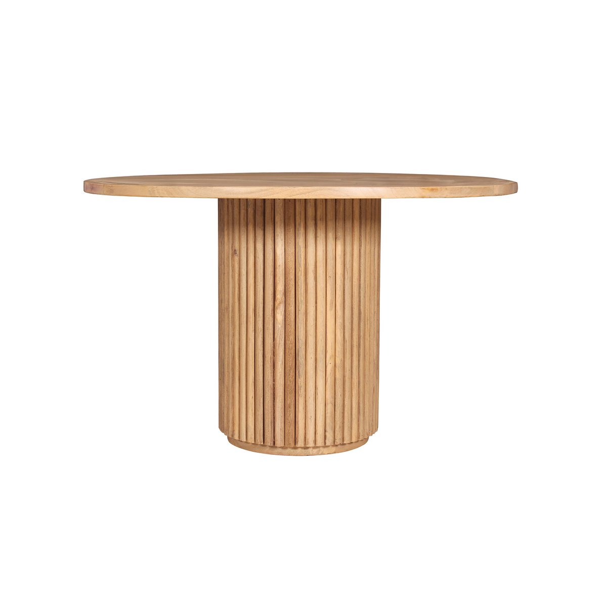 Ronde eettafel van mangohout met geribbeld kolomonderstel