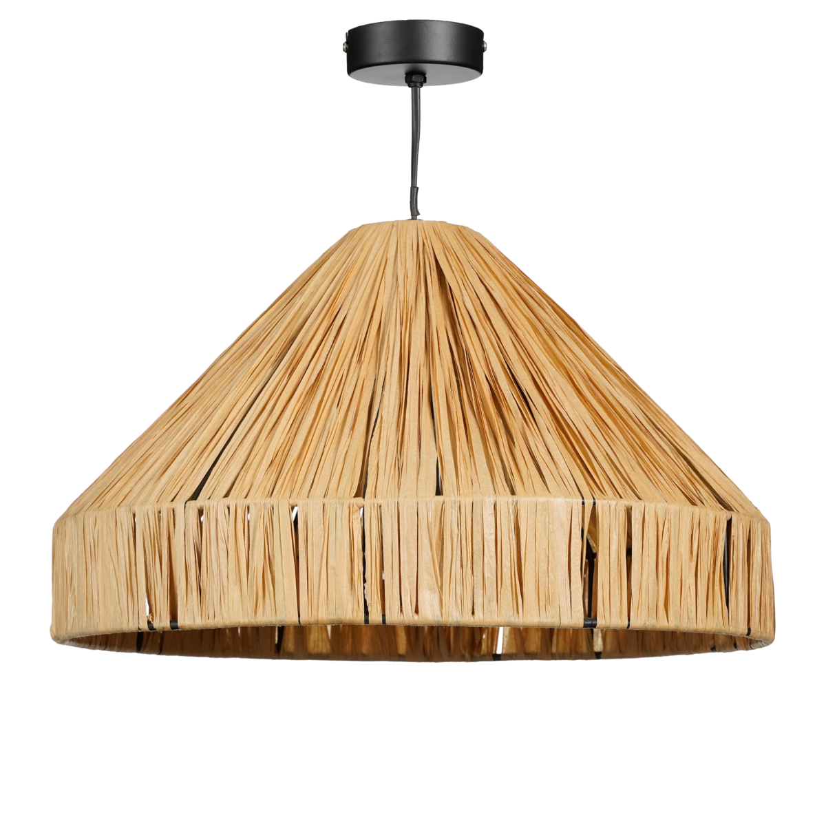 Lichtbruine raffia hanglamp met zwart metalen frame in moderne woonkamer