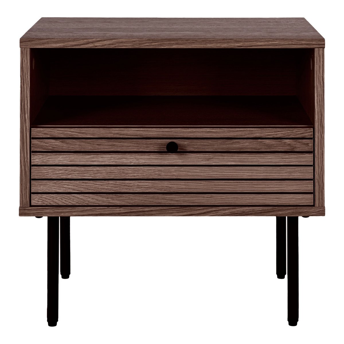 Bijzettafel met eikenfineer en zwarte metalen poten in moderne woonkamer