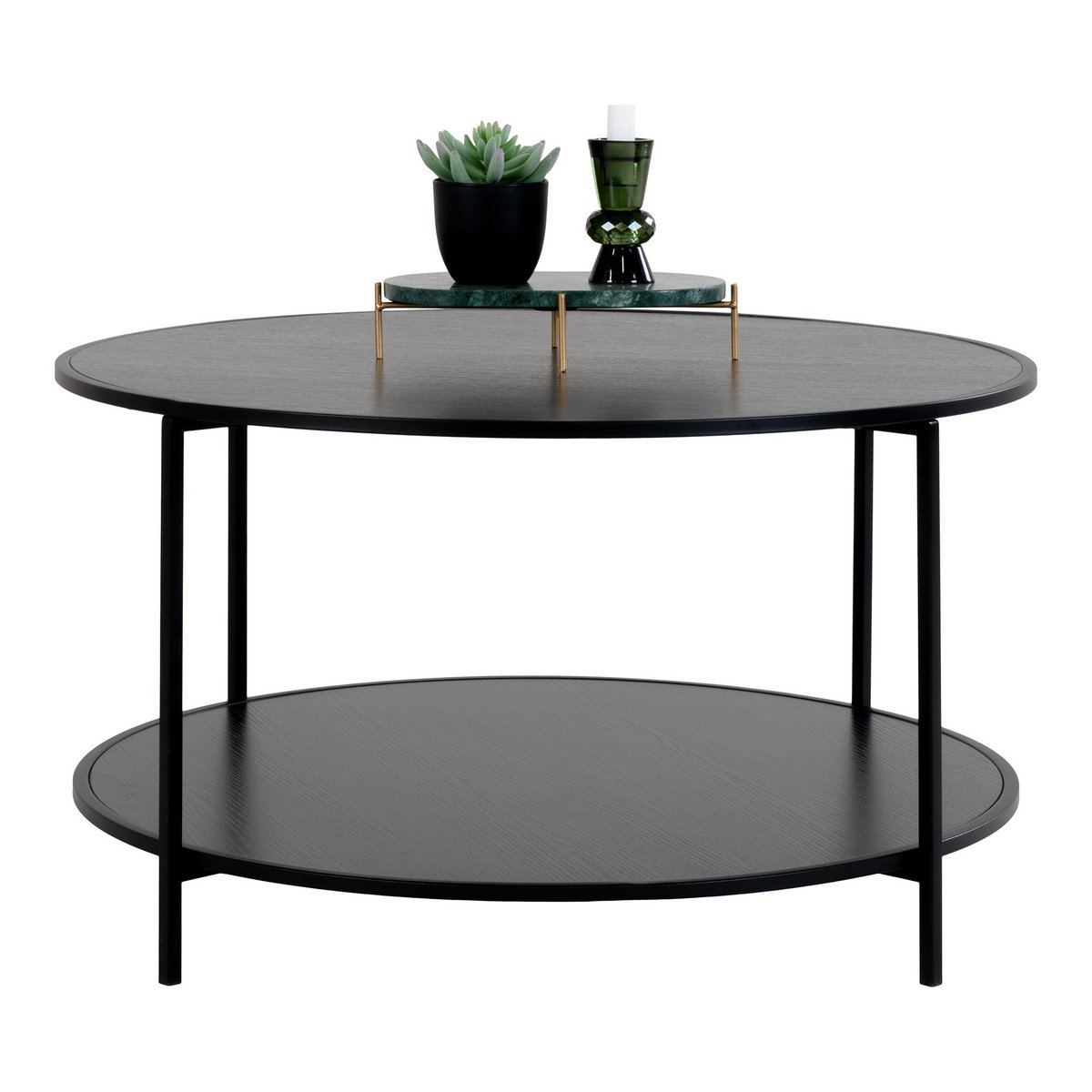 Ronde zwarte salontafel met metalen frame in moderne woonkamer