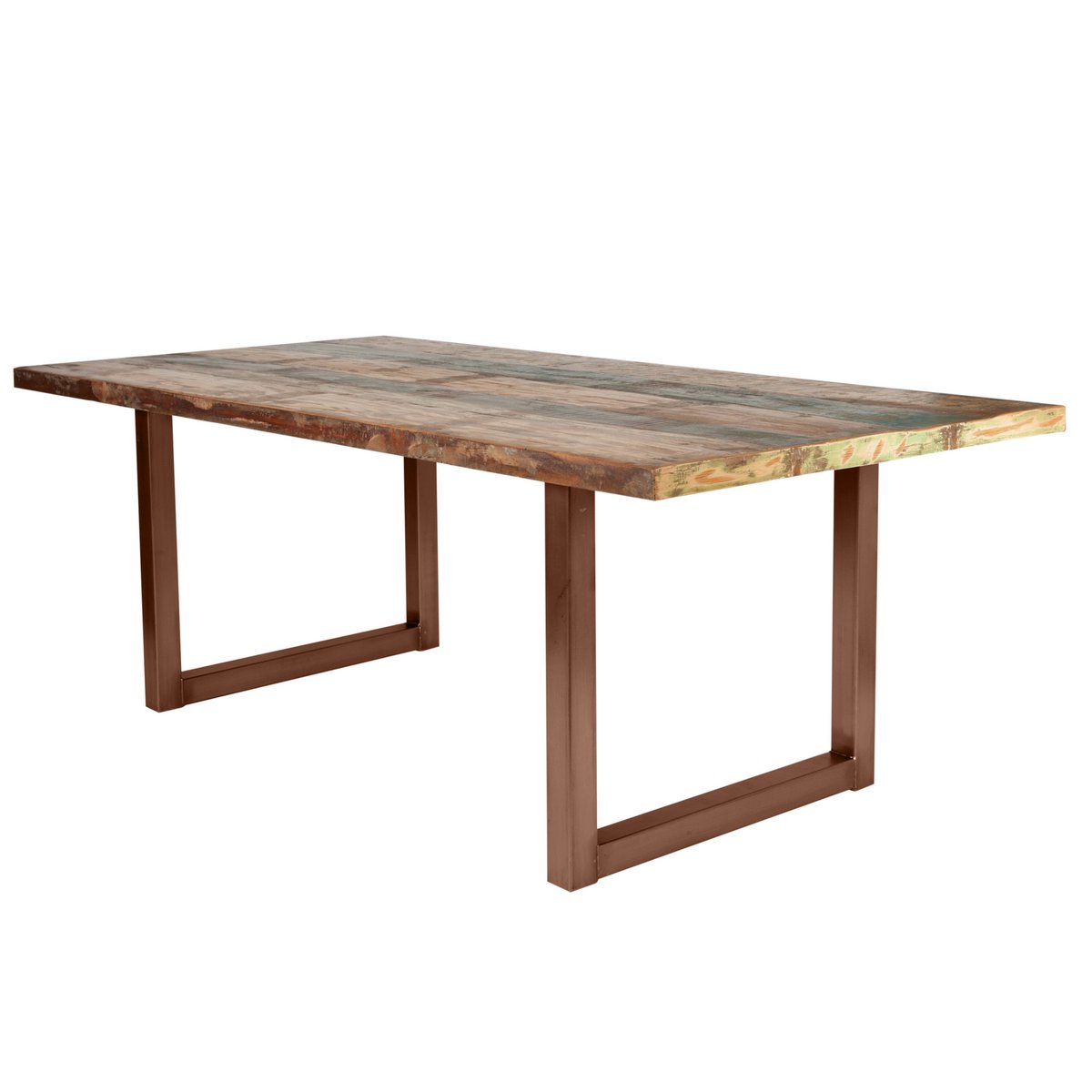 Eettafel van kleurrijk hergebruikt hout met ijzeren frame in moderne eetkamer