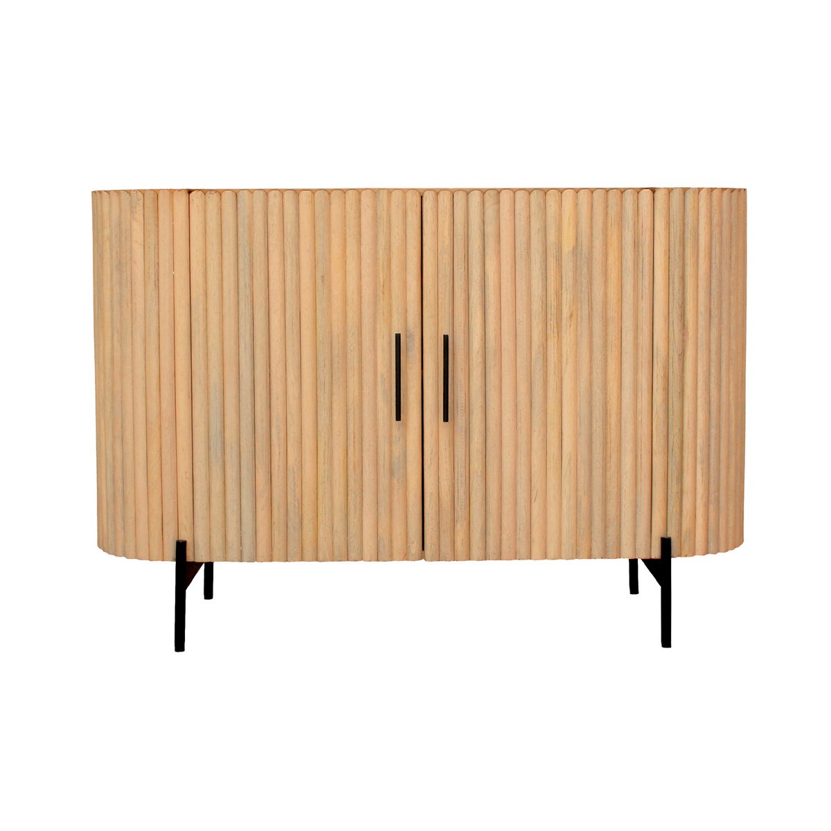 TV-meubel van mangohout met metalen accenten in een moderne woonkamer