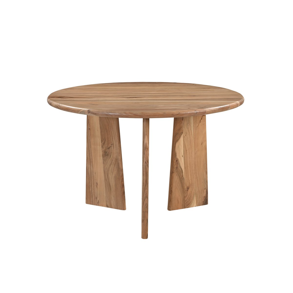 Massief acaciahouten eettafel met asymmetrisch frame in moderne eetkamer