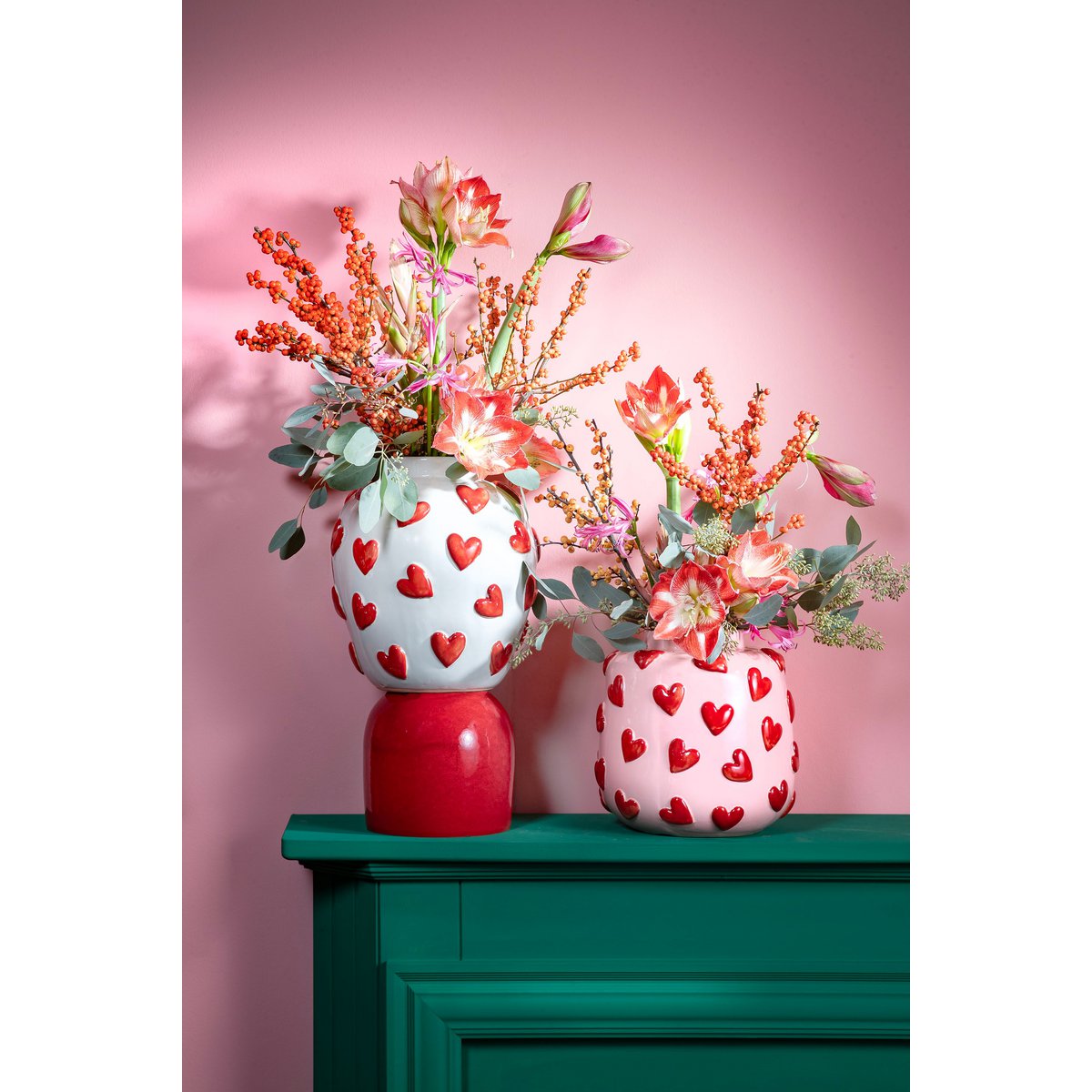 Hearts Vaas - H28 x Ø29 cm - Keramiek - Roze, Rood