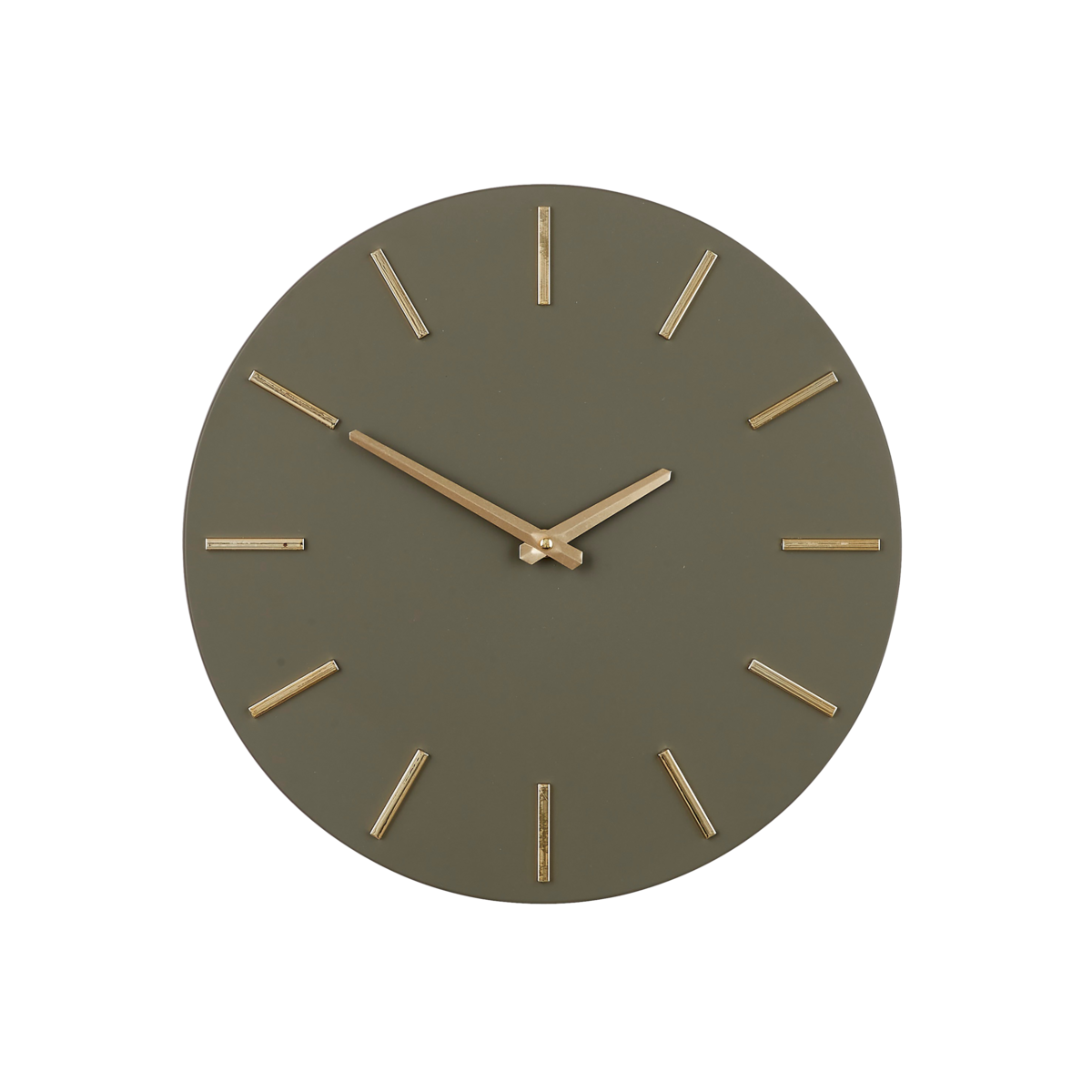 Donkergroene wandklok met gouden wijzers in modern interieur