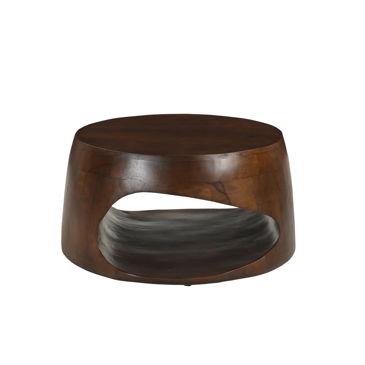 Ronde salontafel van mangohout met open vak in moderne woonkamer