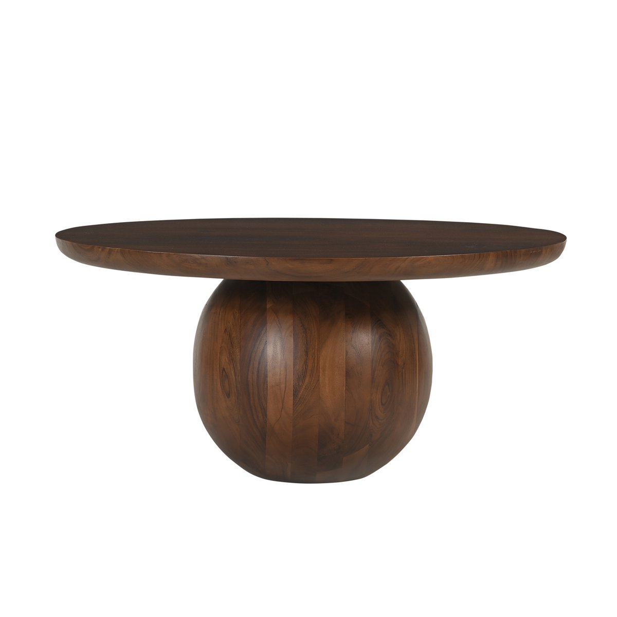 Ronde mangohouten salontafel met bolvormig frame in woonkamer