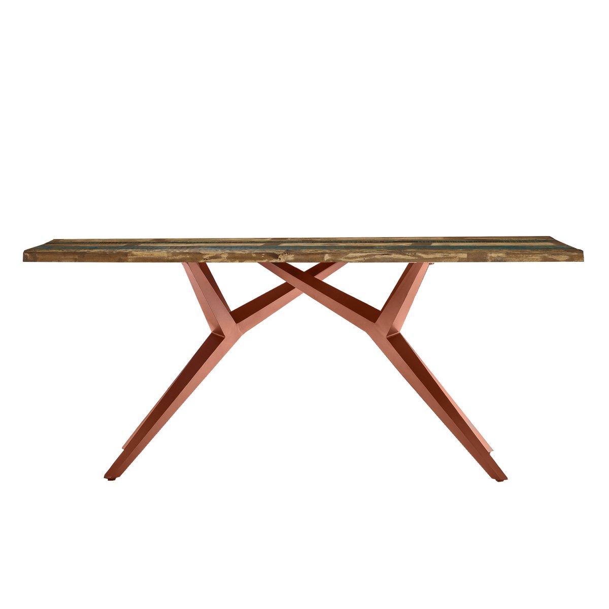 Eettafel met uniek houten blad en ijzeren frame in eetkamer