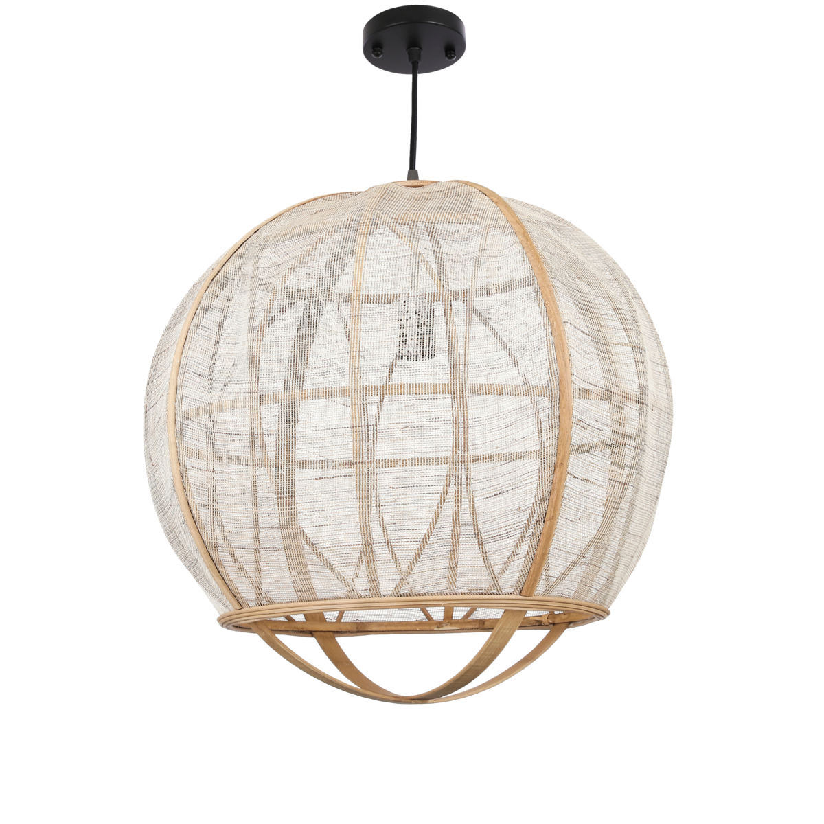 Hanglamp van linnen in beige met bruine frame in moderne woonkamer