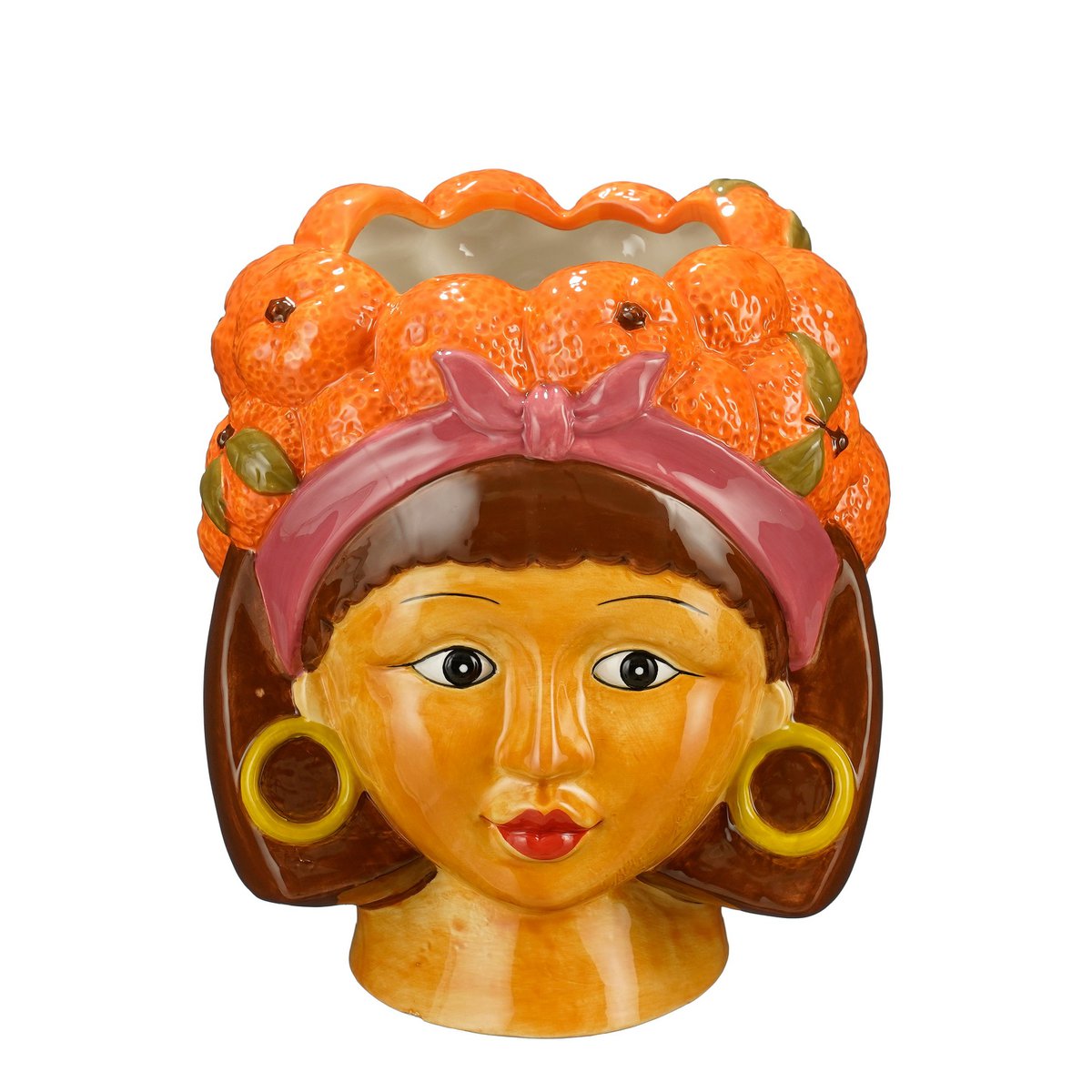 Oranje dolomieten bloempot in moderne woonkamer