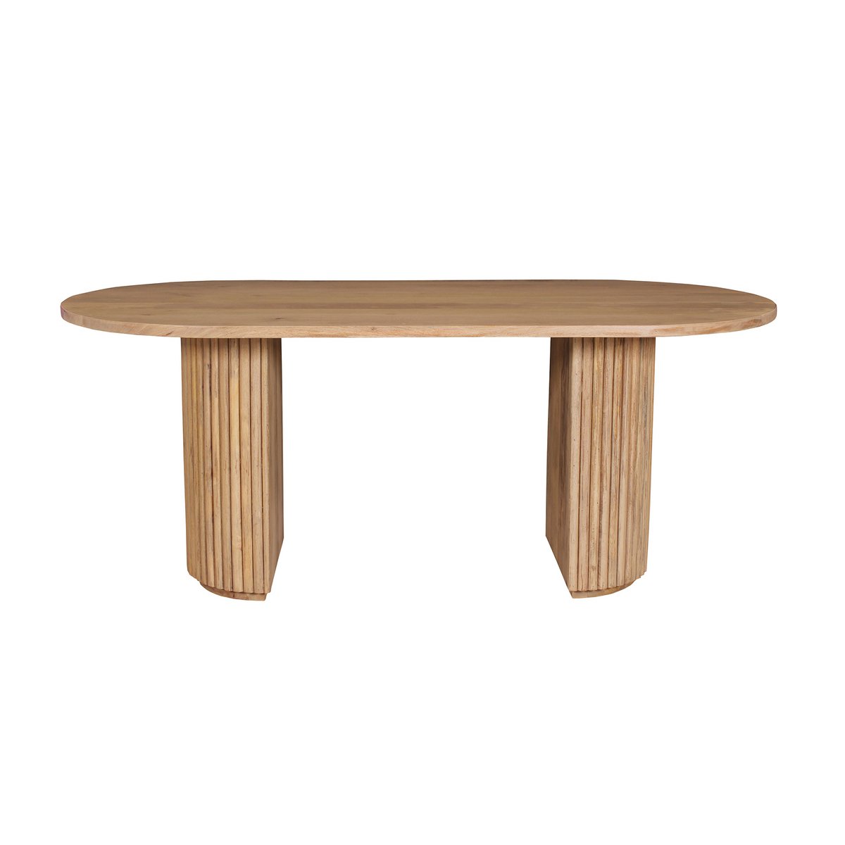 Eettafel van mangohout met geribbelde poten in eetkamer