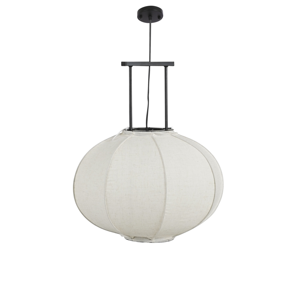 Off-white linnen hanglamp met zwart frame in moderne woonkamer