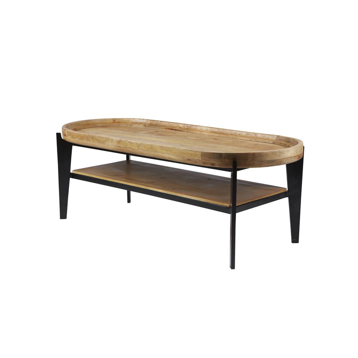 Rechthoekige salontafel met dienblad en stalen frame in woonkamer