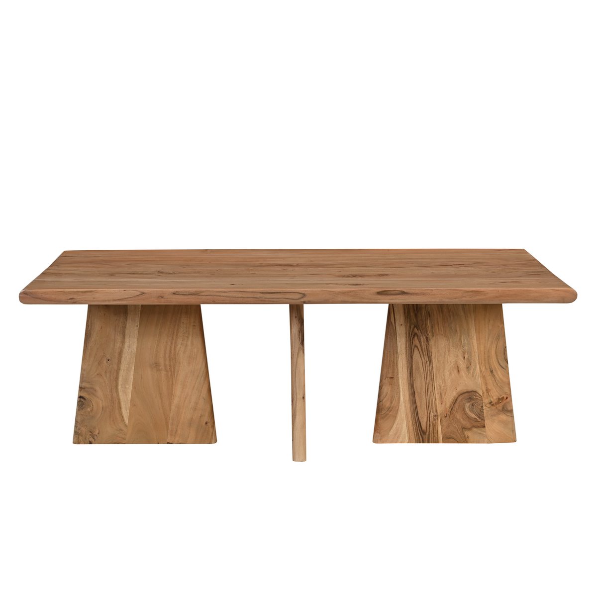 Massief acacia salontafel met asymmetrisch frame in woonkamer