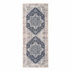 Blauwe chenille polyester gangloper met patroon in smalle gang