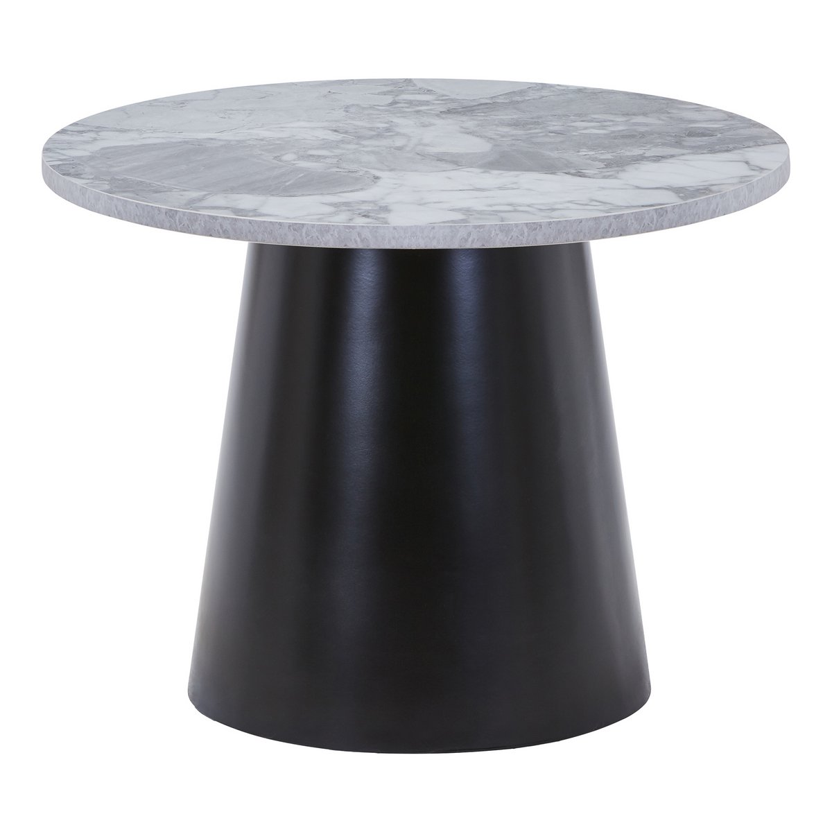 Ronde salontafel met grijs marmerlook blad en zwart onderstel in moderne woonkamer