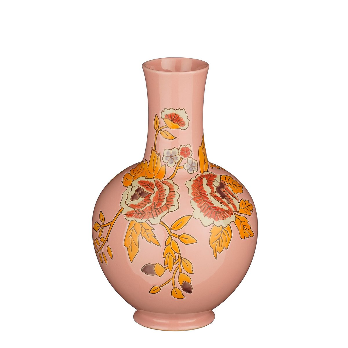 Roze keramische vaas met bloemen- en vogelpatronen