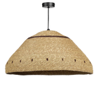 Jute hanglamp in lichtbruine kleur met streepmotief in een bohemian interieur