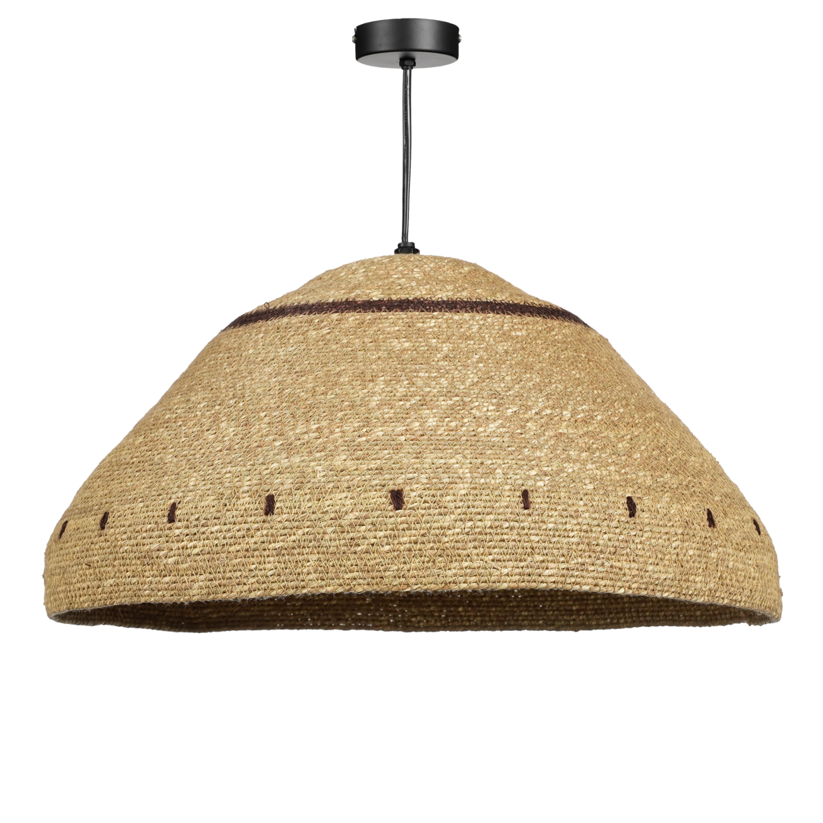 Jute hanglamp in lichtbruine kleur met streepmotief in een bohemian interieur