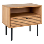 Bijzettafel van eikenfineer met zwarte metalen poten en lade