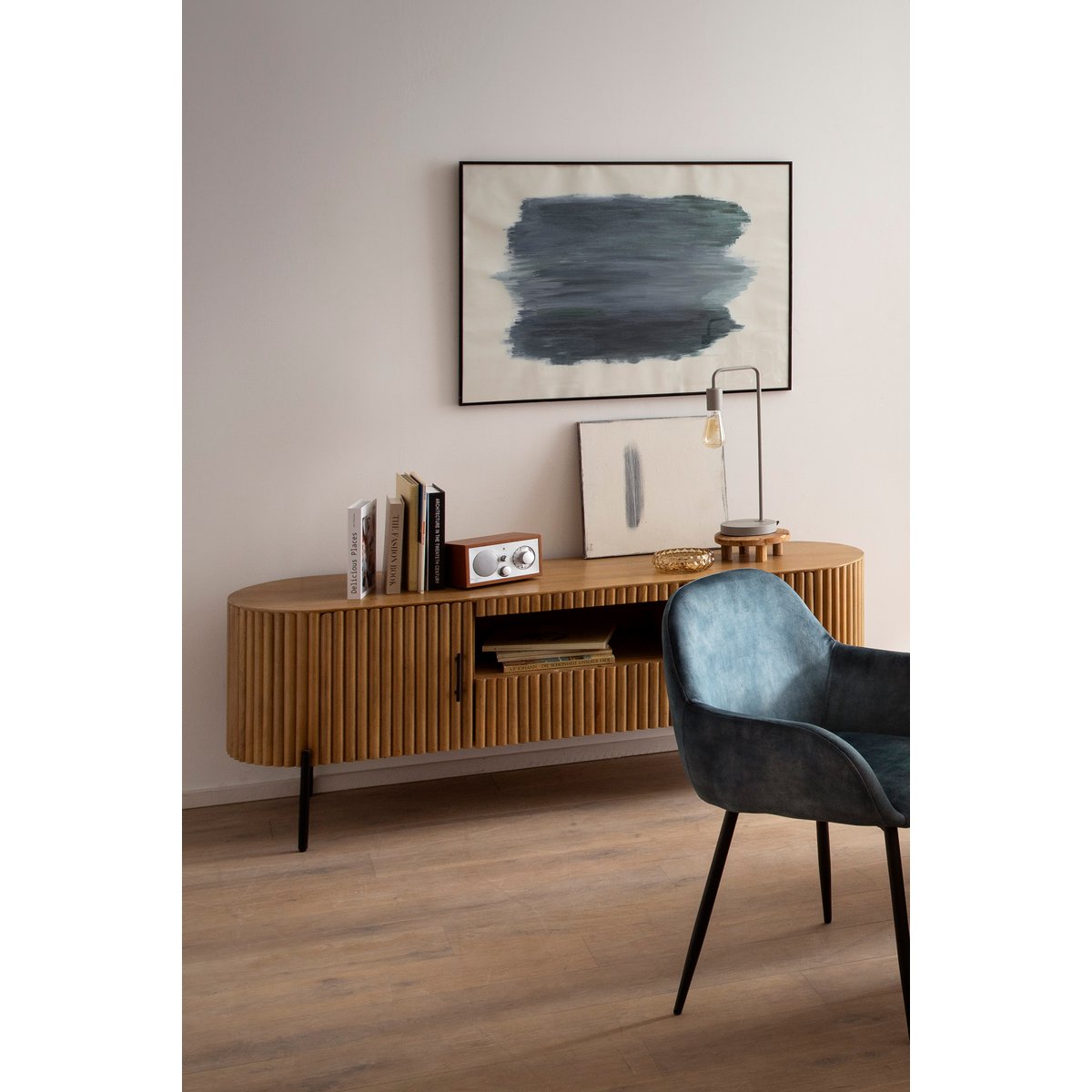 Mango wood TV cabinet with slatted design