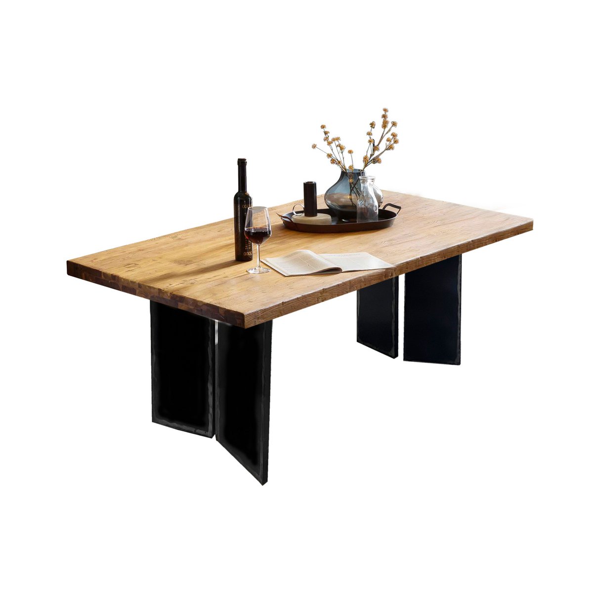 Teakhouten eettafel met metalen onderstel in industriële stijl