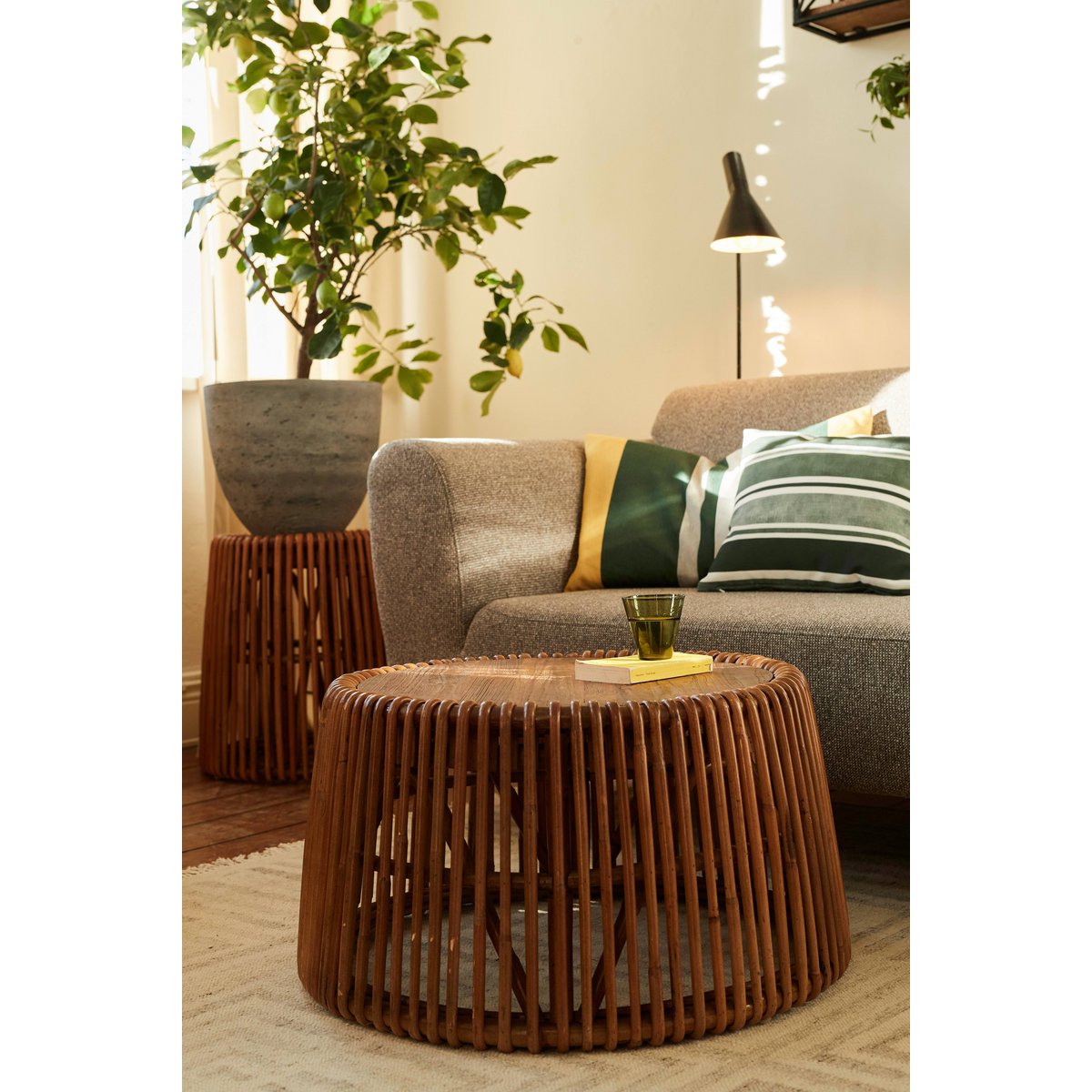 Rattan Side Table with Teak Top