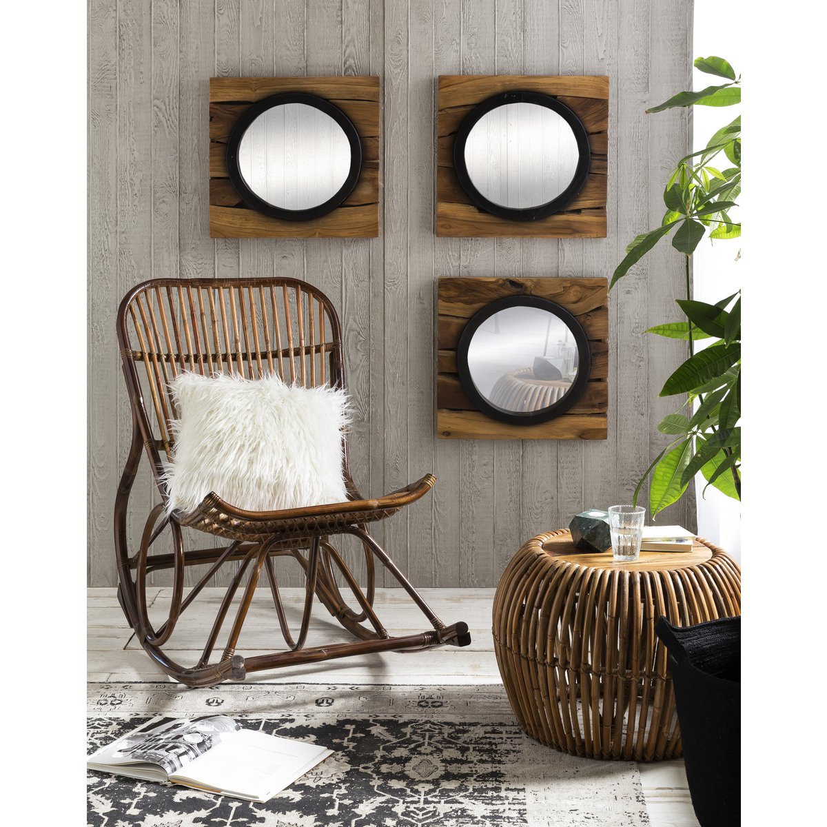 Round Coffee Table Rattan and Teak Wood