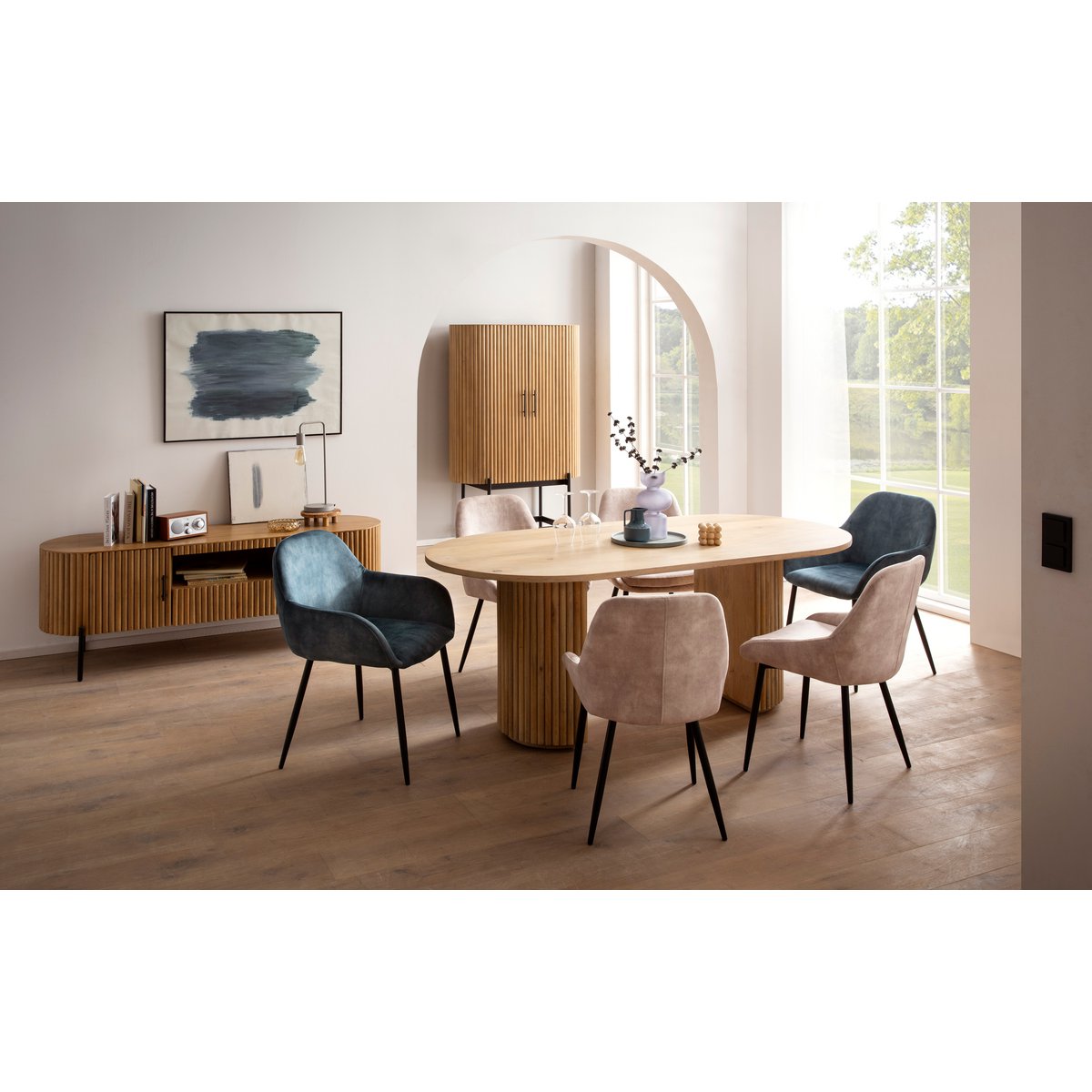 Mango wood TV cabinet with slatted design