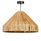 Lichtbruine raffia hanglamp met zwart metalen frame in moderne woonkamer