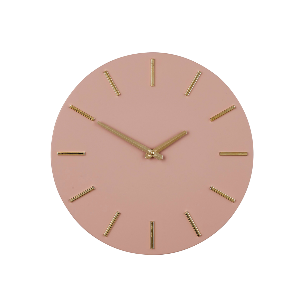 Roze wandklok met gouden wijzers in moderne woonkamer