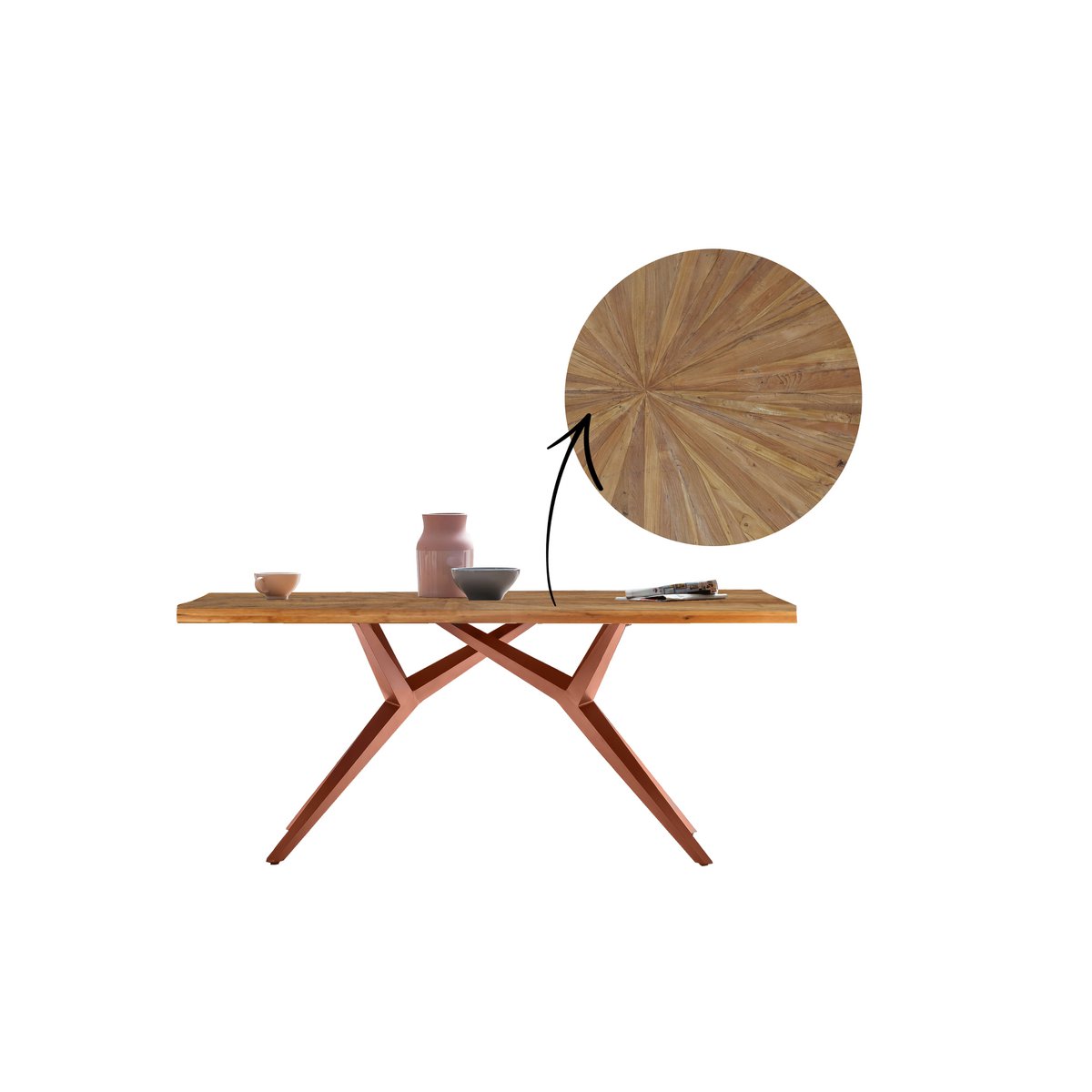 Houten eettafel met ijzeren frame in moderne eetkamer