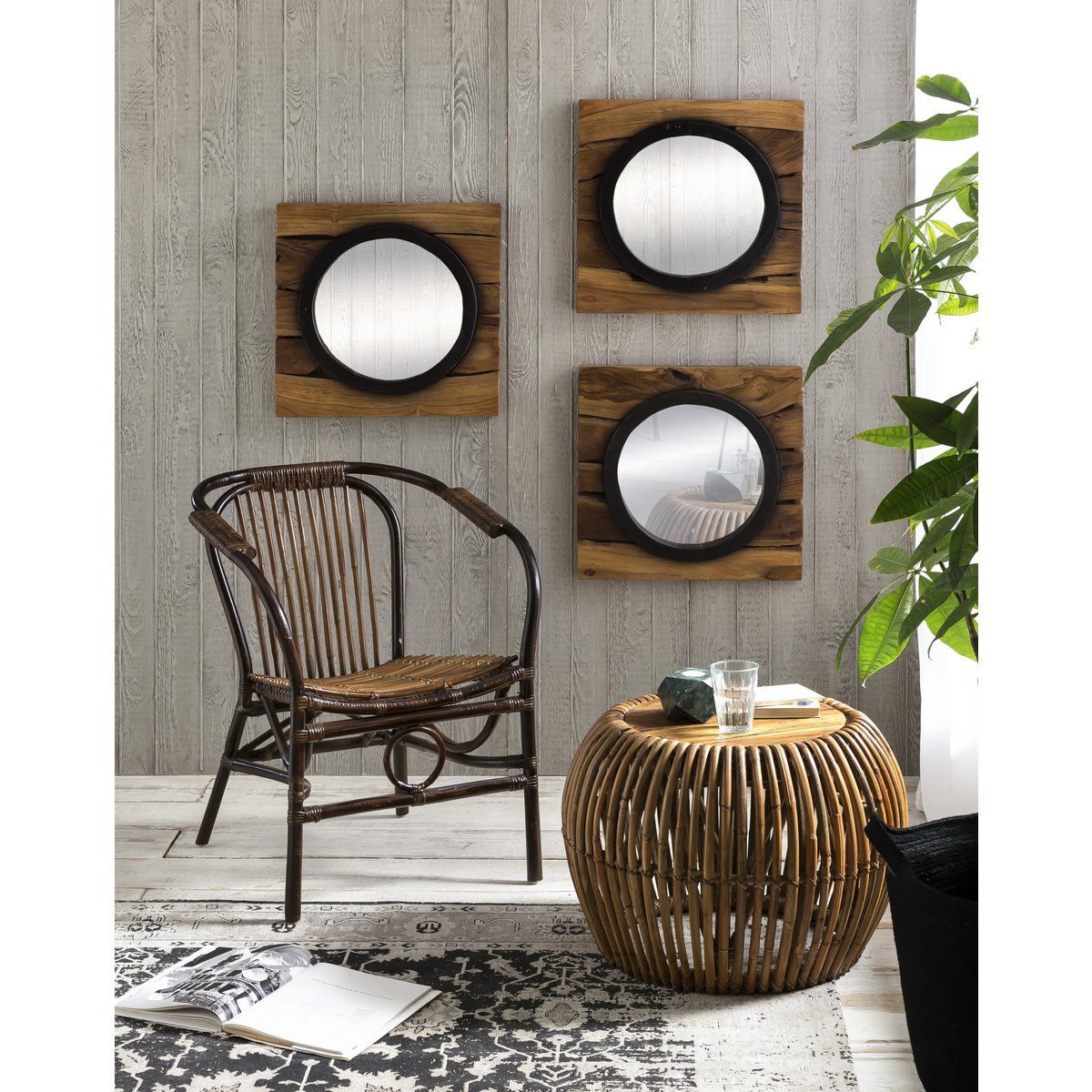 Round Coffee Table Rattan and Teak Wood