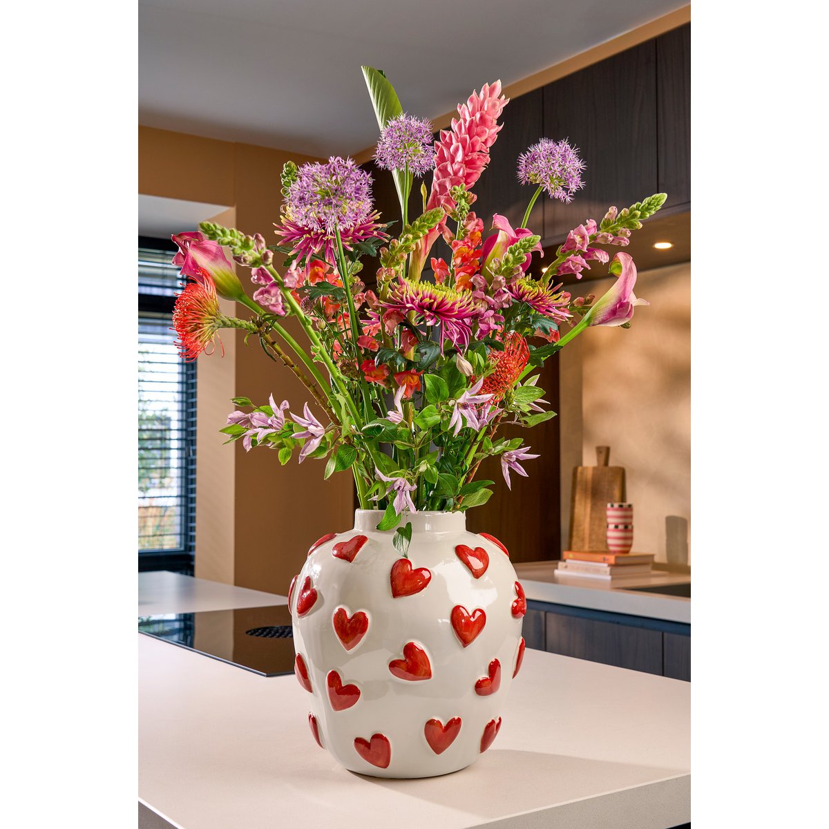 Hearts Vaas - Keramiek - H33 x Ø30 cm - Wit/Rood