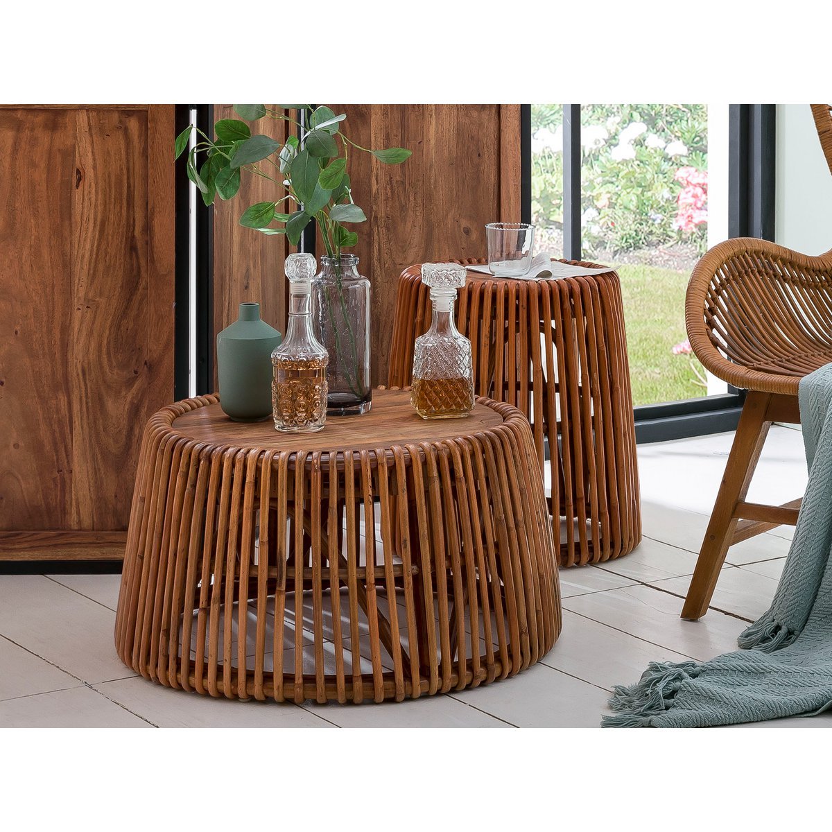 Rattan Side Table with Teak Top