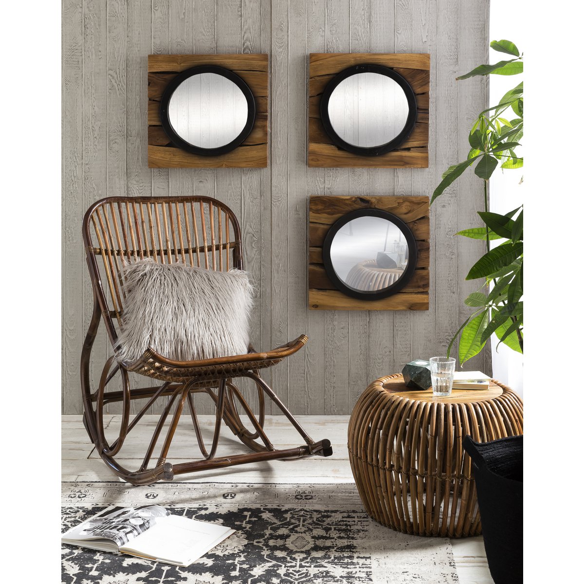 Round Coffee Table Rattan and Teak Wood