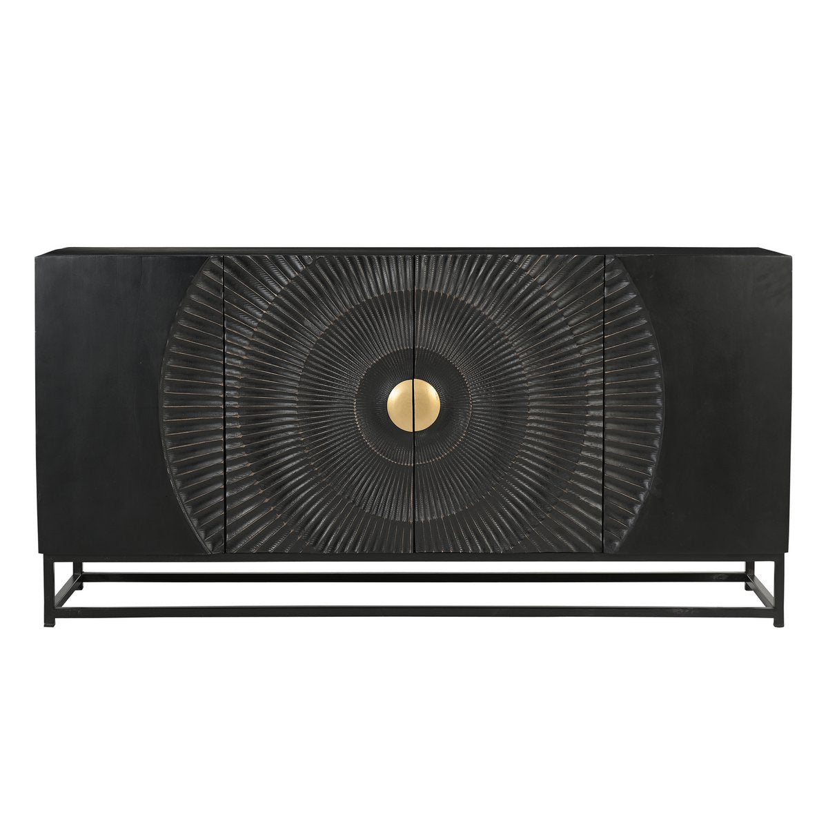 Zwart mango houten dressoir met metalen frame in moderne woonkamer