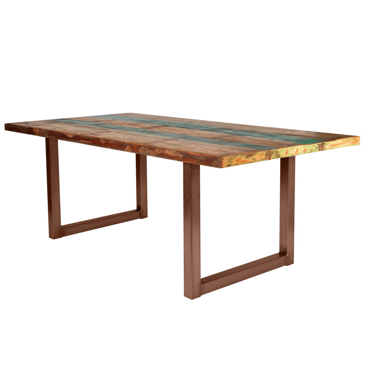 Eettafel van kleurrijk hergebruikt hout met ijzeren frame in moderne eetkamer