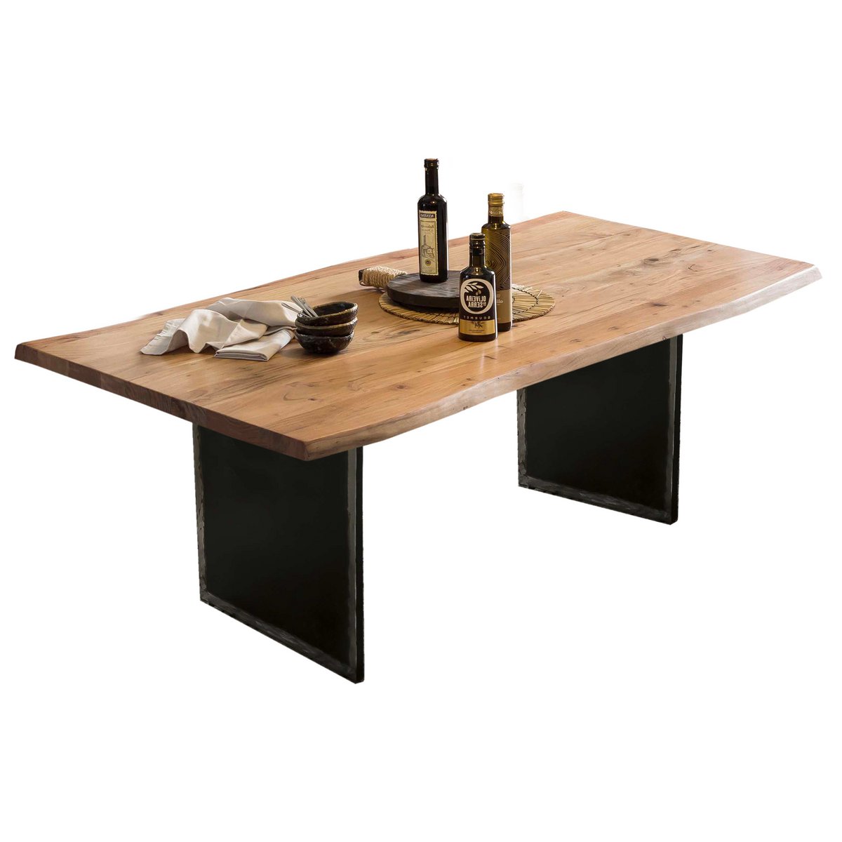 Eettafel van acaciahout met metalen poten in industriële stijl