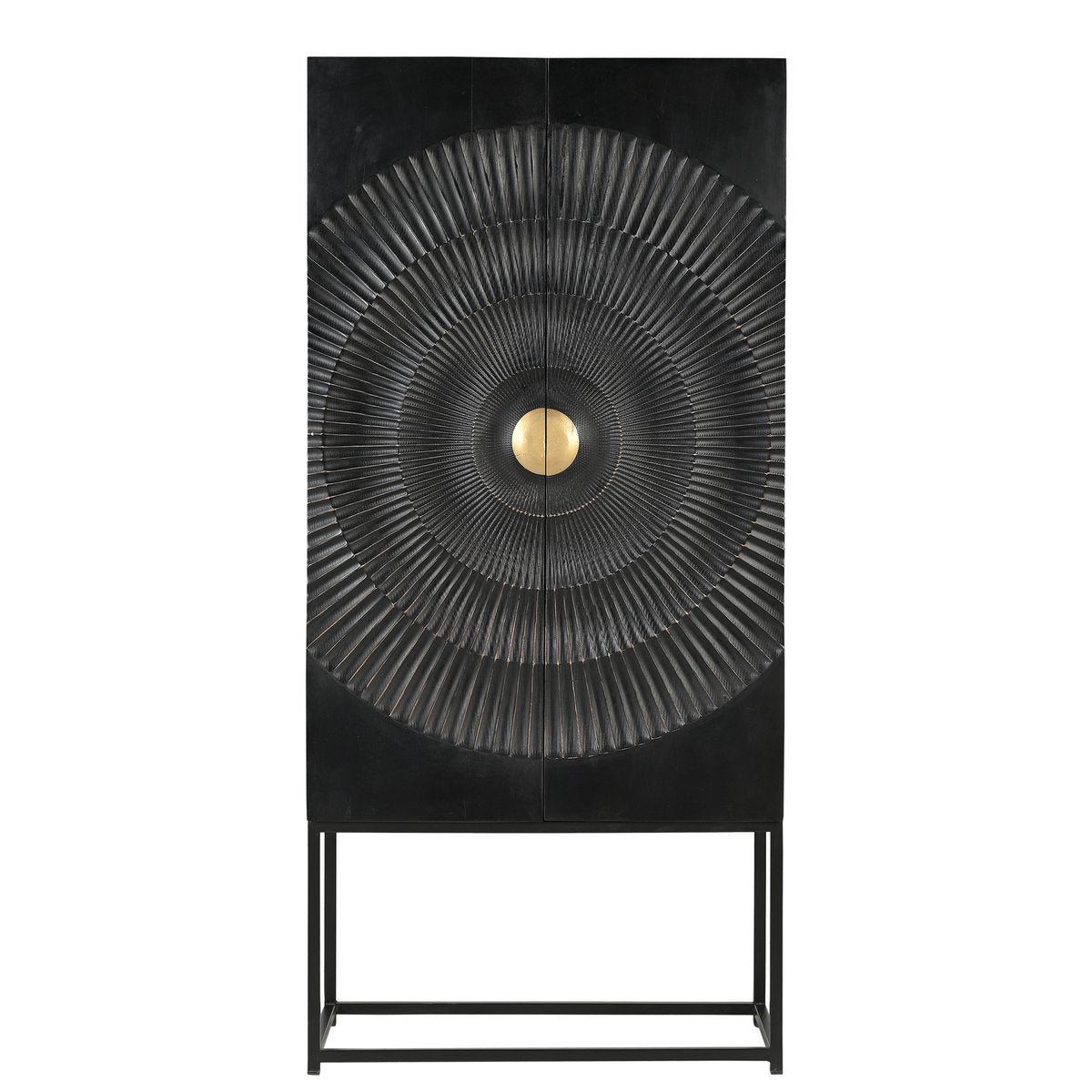 Zwart mangohouten kast met gouden handvat in moderne woonkamer