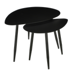 Zwarte metalen bijzettafels met druppelvormig blad in modern interieur