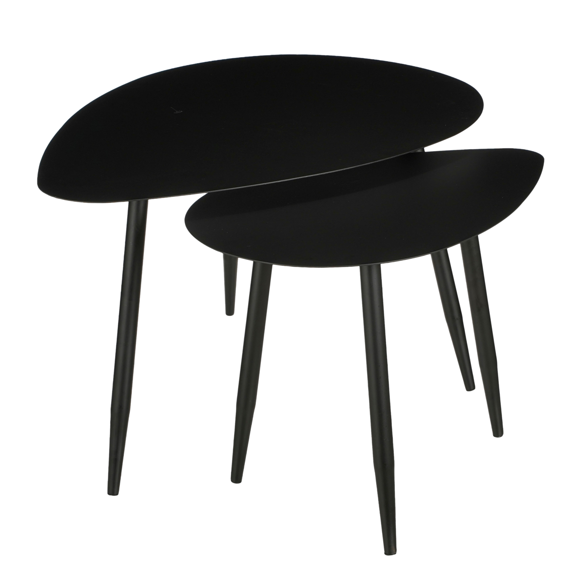 Zwarte metalen bijzettafels met druppelvormig blad in modern interieur