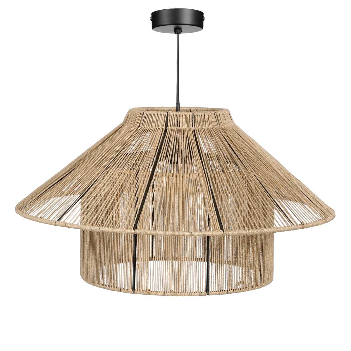 Jute hanglamp met zwart metalen frame in moderne woonkamer
