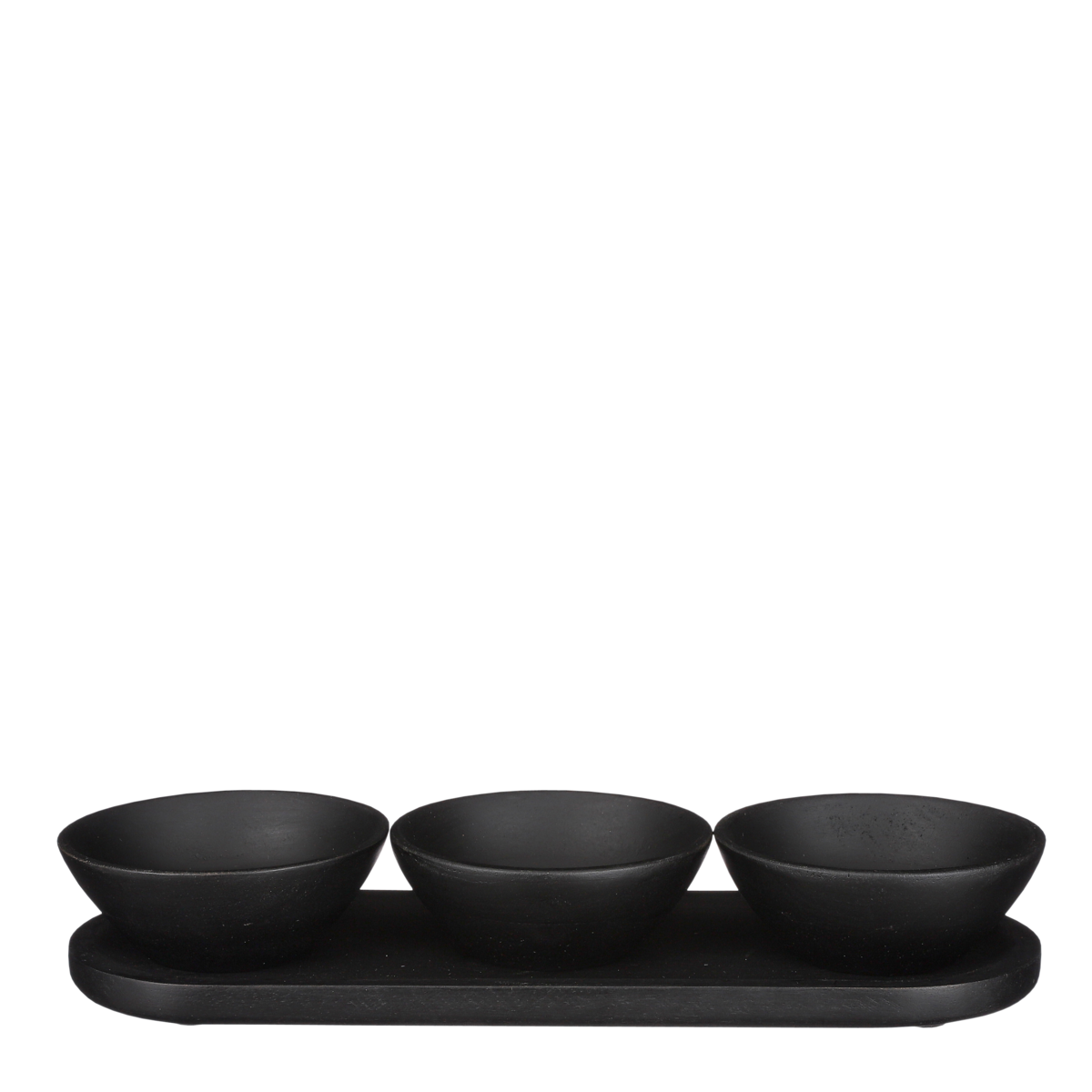 Zwarte mangohouten schaaltjes en dienblad in moderne eetkamer