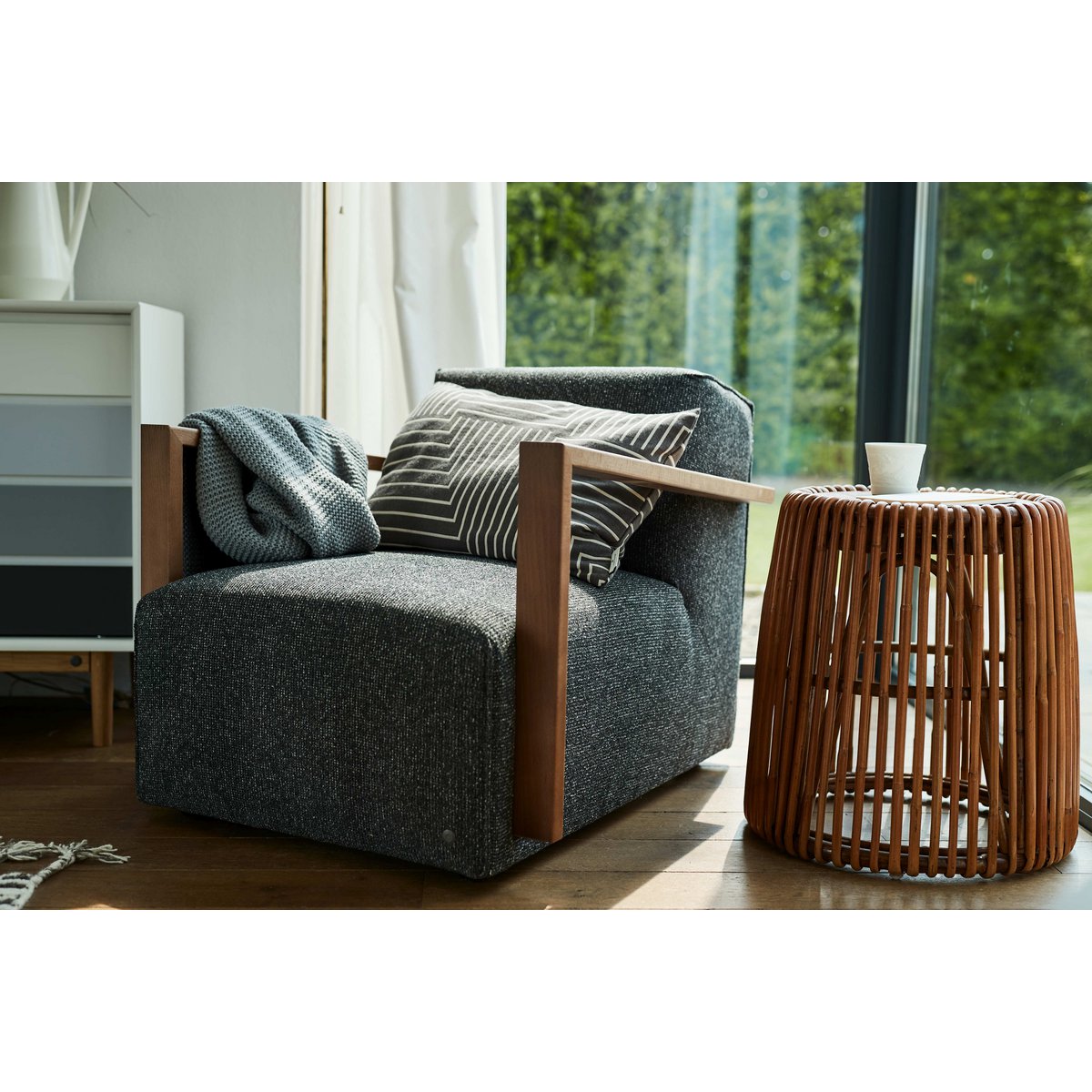 Rattan Side Table with Teak Top