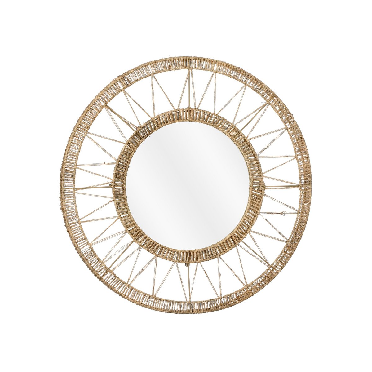 Ronde wandspiegel met lichtbruine jute rand in bohemian stijl